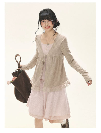 "Roasted Tea Heart" Milk Tea Faux-Layer Lace Cardigan & Skirt Set