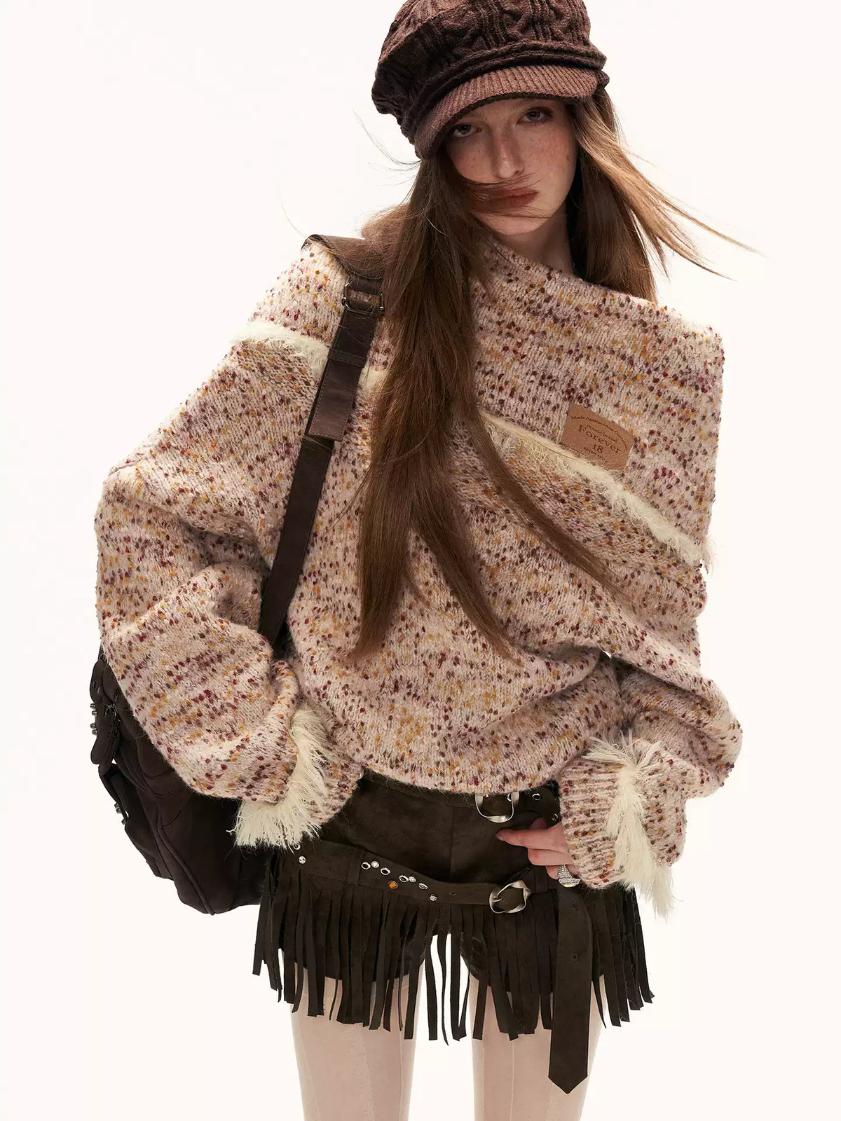MAMC - Beige Slouchy Textured Off-Shoulder Turtleneck Sweater