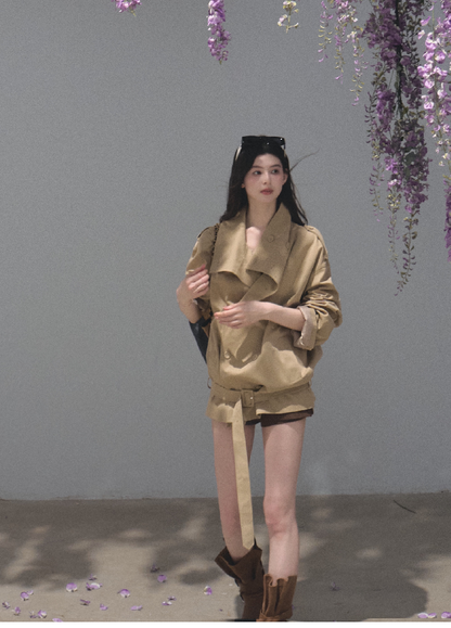 OAKMOO/ Belted Double-Breasted Trench Jacket (Deep Black / Hazel Khaki)