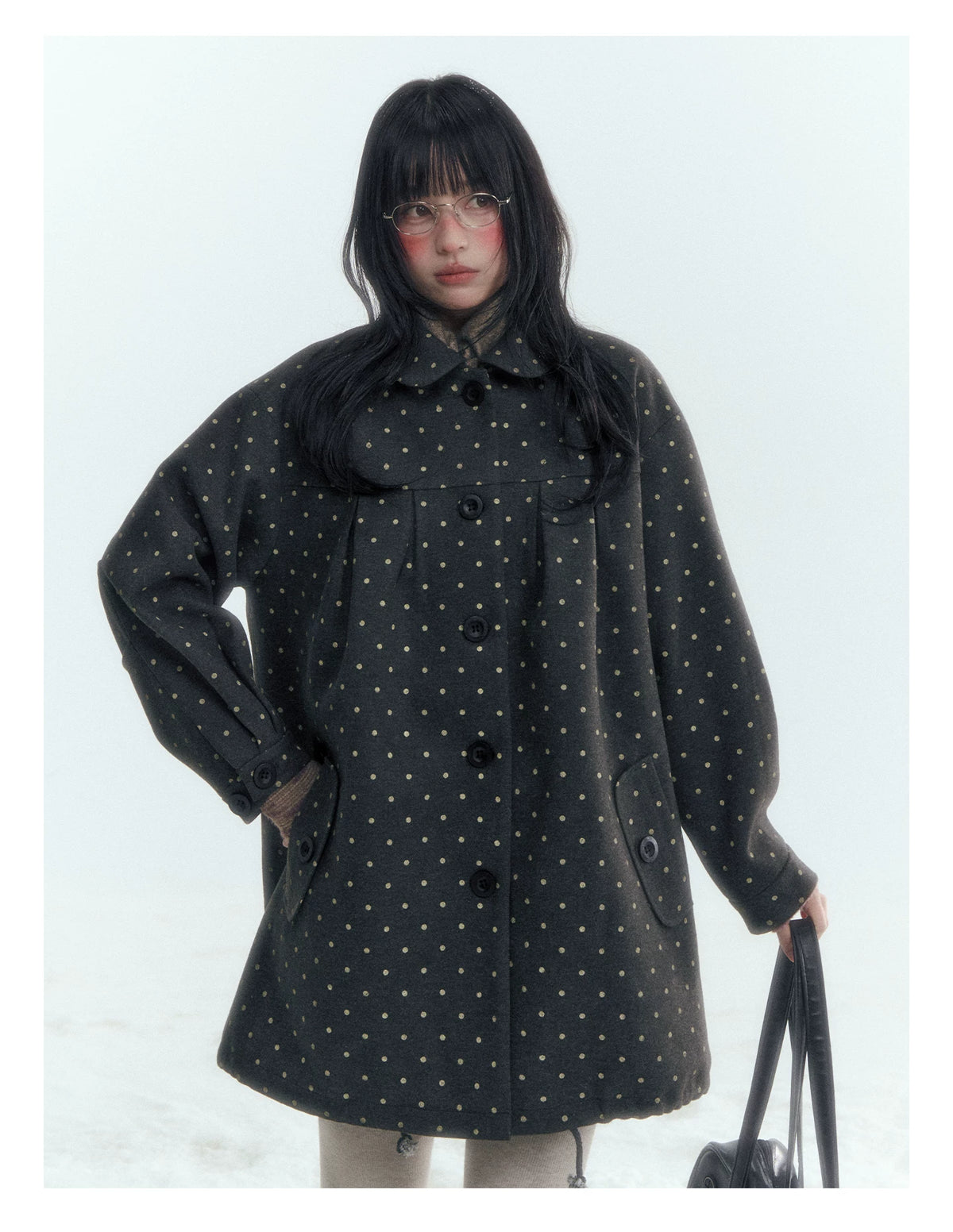 Horridale - Peter Pan Collar Pleated Mid-Length Wool-Blend Coat – Gray Polka Dot
