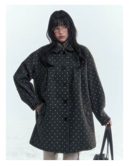 Horridale - Peter Pan Collar Pleated Mid-Length Wool-Blend Coat – Gray Polka Dot