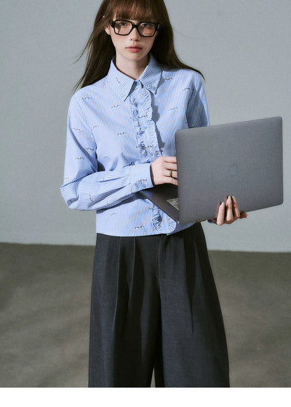 LOST FOREST - Blue Stripe Floral Jacquard Cropped Shirt