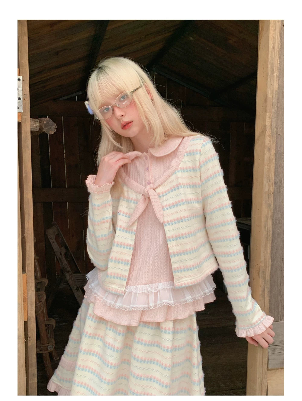 RF - Candy Stripe Floral Knit Cardigan and Midi Skirt Set
