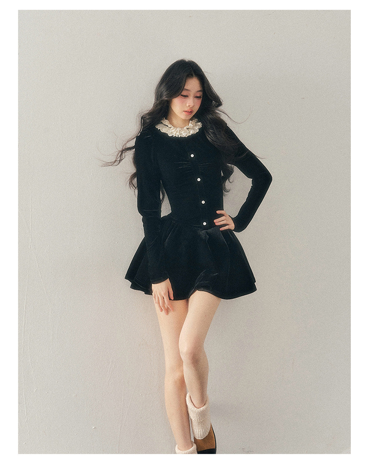 040126 "The Bladette Heiress" French Lace-Trim Velvet Mini Dress