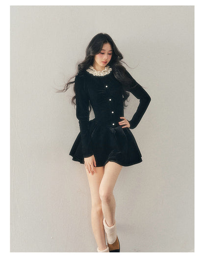 040126 "The Bladette Heiress" French Lace-Trim Velvet Mini Dress