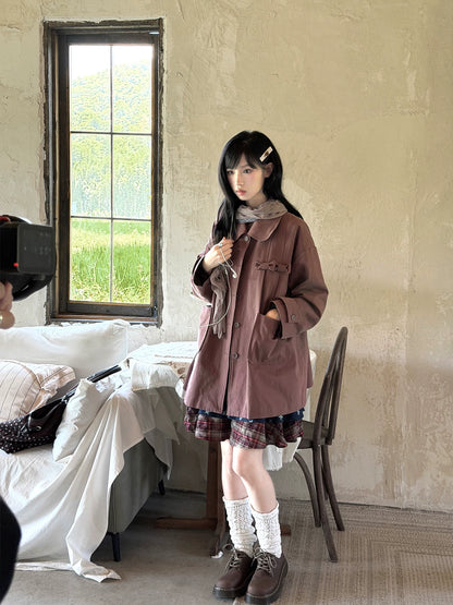 "Sage Whisper" Layered Trench Collection (Round Collar Coat / Knit Top / Polka Dot Cami / Plaid Skirt)