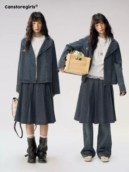 [CAN] "Wildflower Echoes" Vintage Indigo Denim Set (Jacket / Flared Pants / Midi Skirt)