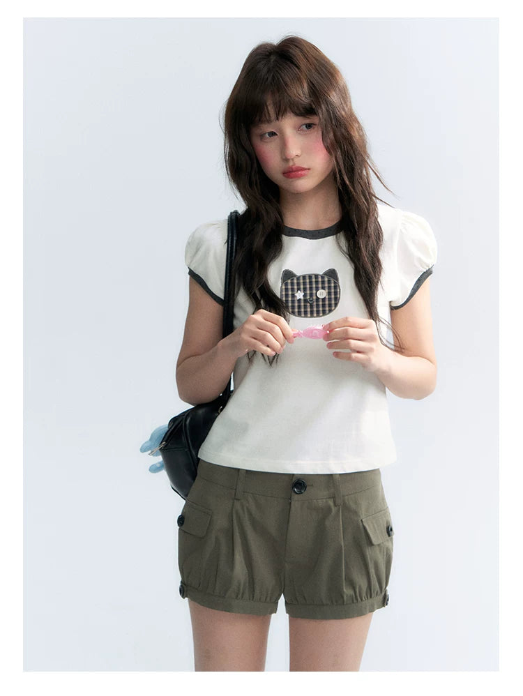 "Hide and Seek" Ivory Cat Patchwork Embroidered Puff Sleeve T-Shirt