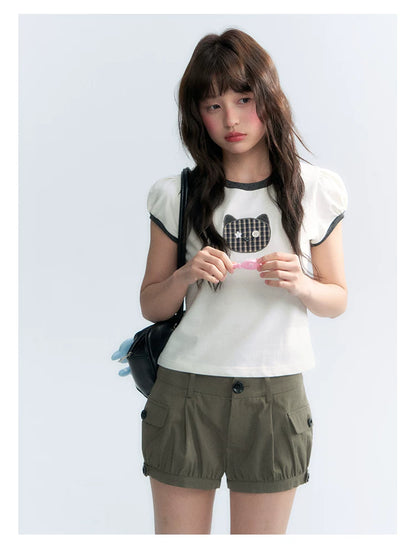 "Hide and Seek" Ivory Cat Patchwork Embroidered Puff Sleeve T-Shirt