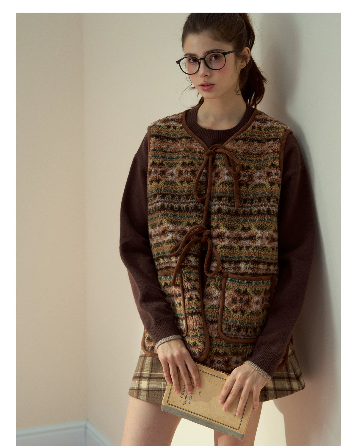 SunsetPark - "Mocha Fair Isle" Caramel Reversible Bow-Tie Faux Fur Vest Top