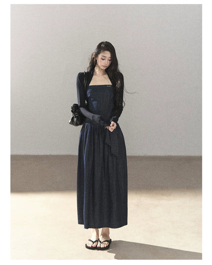 AOMALM - Navy Denim Long Dress with Matching Cardigan & Side Slit