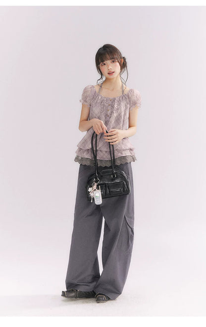 “Misty Plum Plaid” Gray-Purple Plaid Lace Trim Halter Top