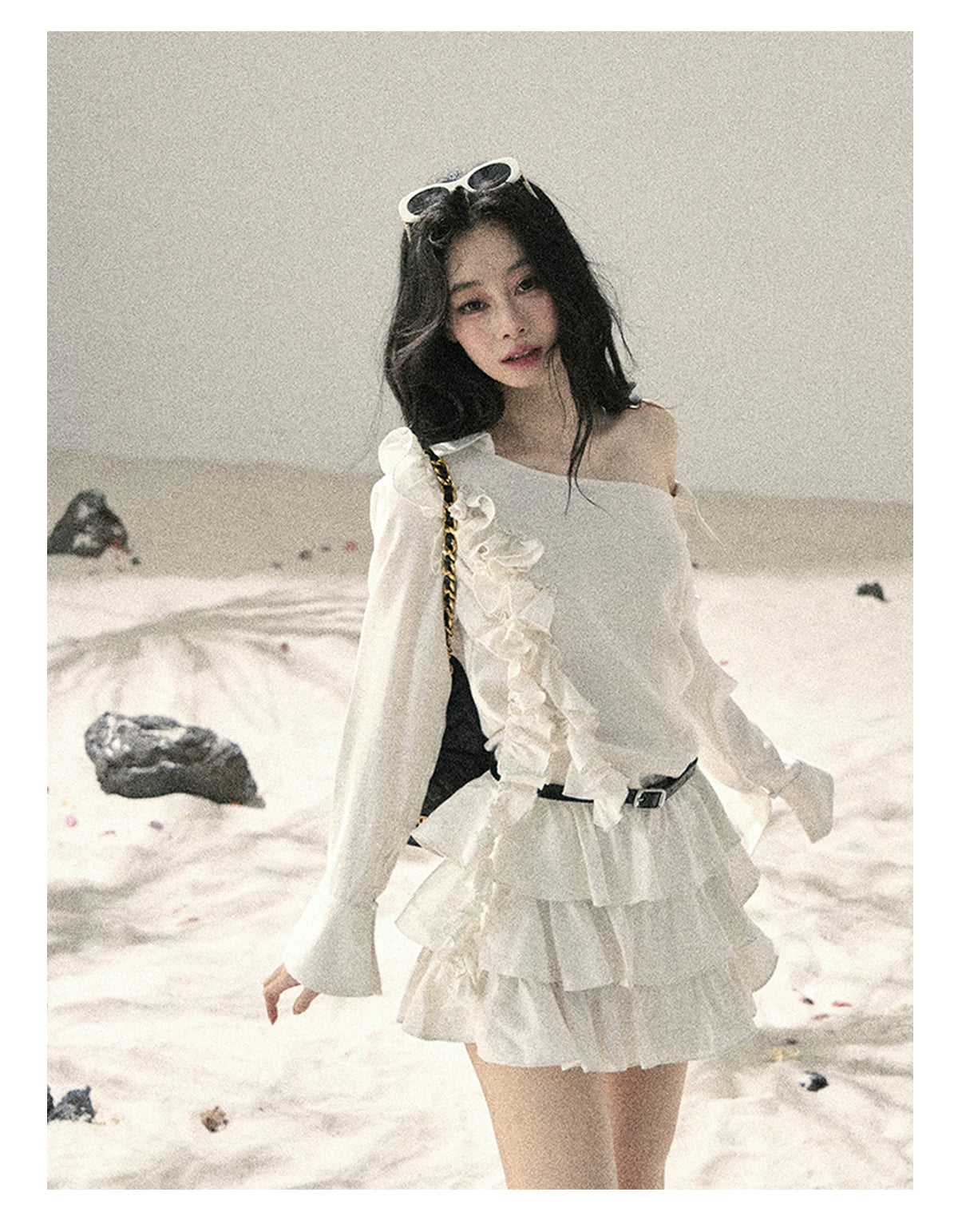 "Petals of Early Summer" Mist White Ruffle One-Shoulder Cake Dress (With Belt) 58648