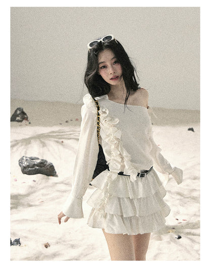 "Petals of Early Summer" Mist White Ruffle One-Shoulder Cake Dress (With Belt) 58648
