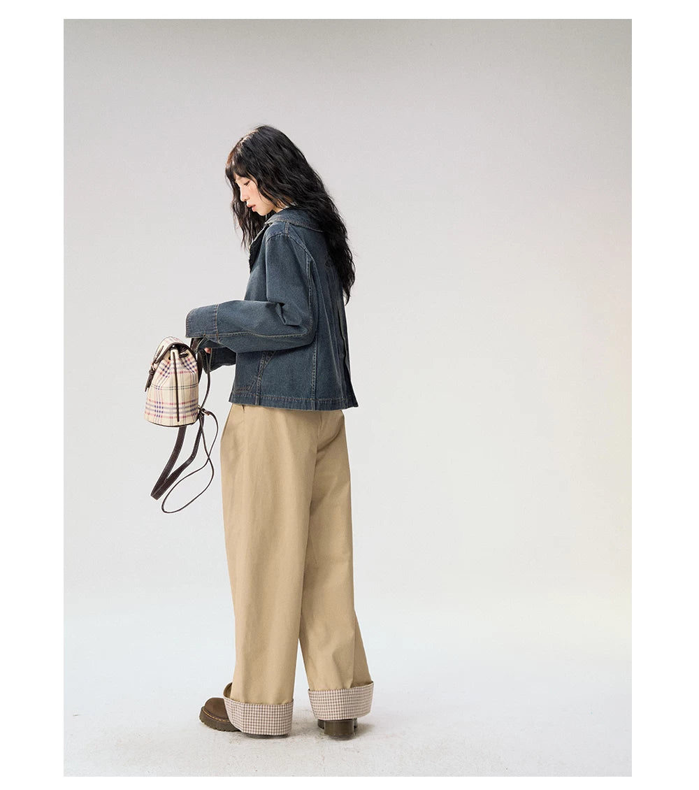 [CAN] "Strawberry Toast" Khaki Plaid Cuff Wide-Leg Pants
