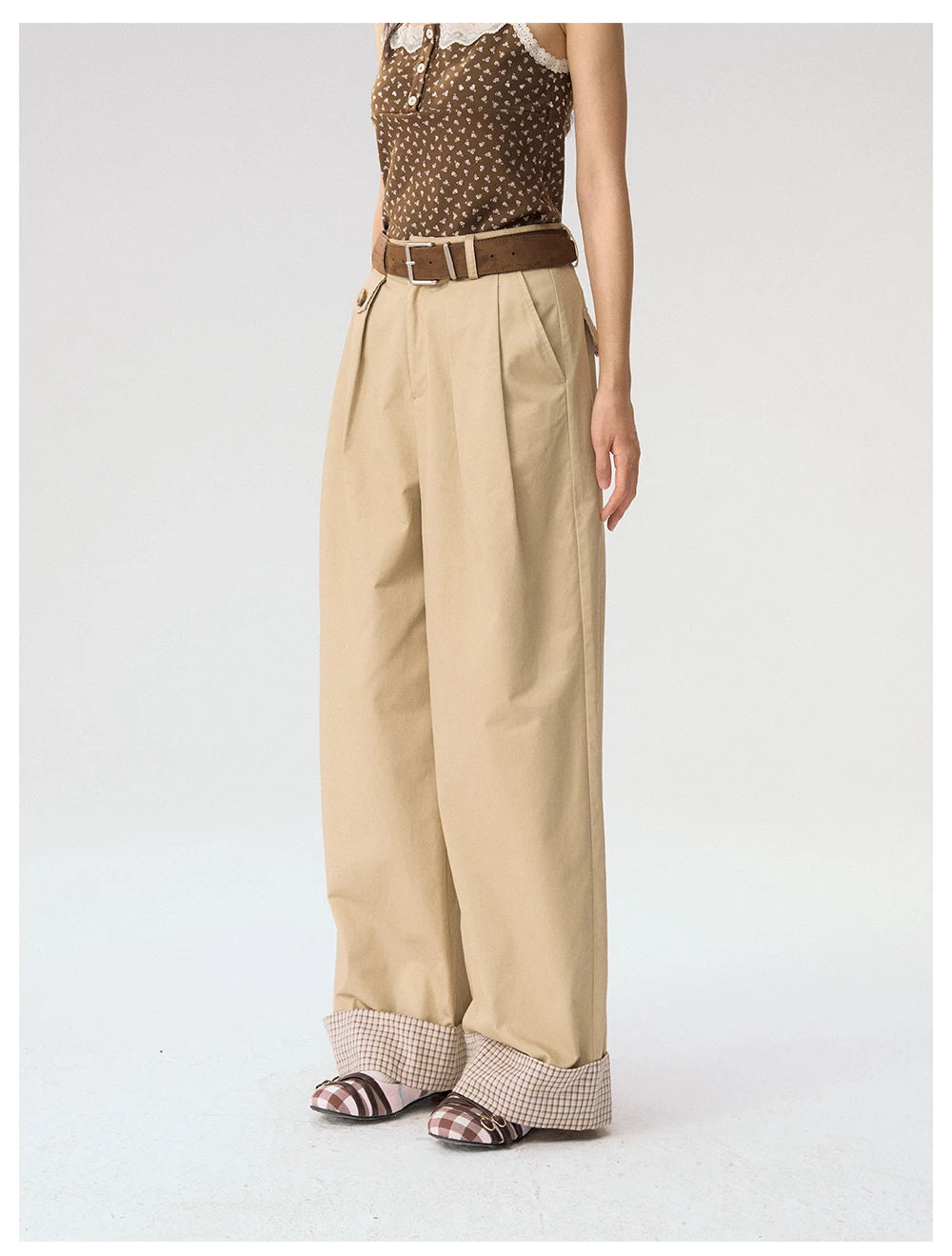 [CAN] "Strawberry Toast" Khaki Plaid Cuff Wide-Leg Pants