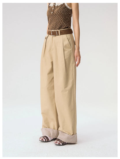 [CAN] "Strawberry Toast" Khaki Plaid Cuff Wide-Leg Pants