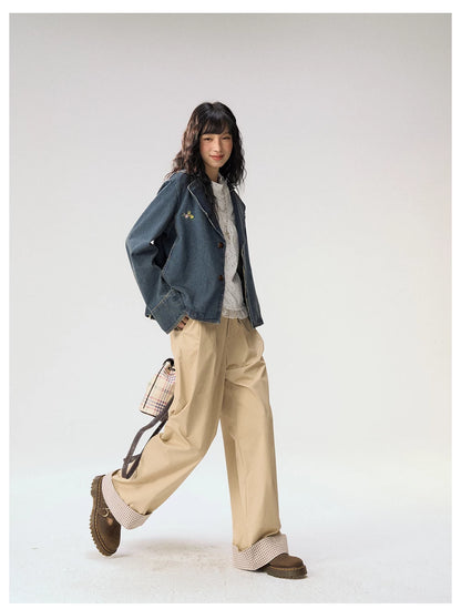[CAN] "Strawberry Toast" Khaki Plaid Cuff Wide-Leg Pants