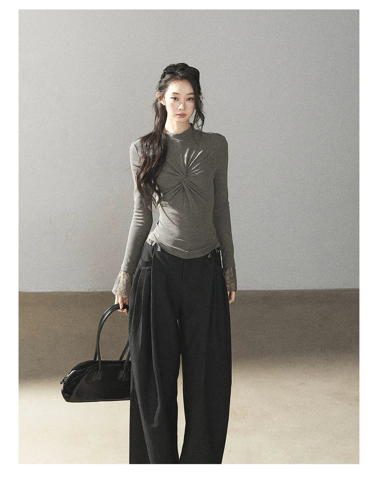 AOMALM - “Pleated Afterglow” Sage Gray Twist-Front Mock Neck Long-Sleeve Top