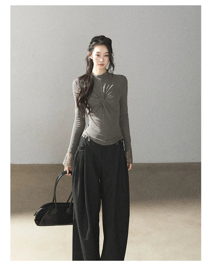 AOMALM - “Pleated Afterglow” Sage Gray Twist-Front Mock Neck Long-Sleeve Top
