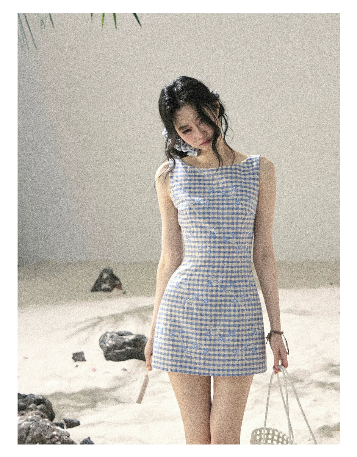 "Sea Breeze Reverie" Sky Blue Embroidered Plaid Mini Dress (With Matching Scrunchie)