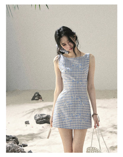 "Sea Breeze Reverie" Sky Blue Embroidered Plaid Mini Dress (With Matching Scrunchie)
