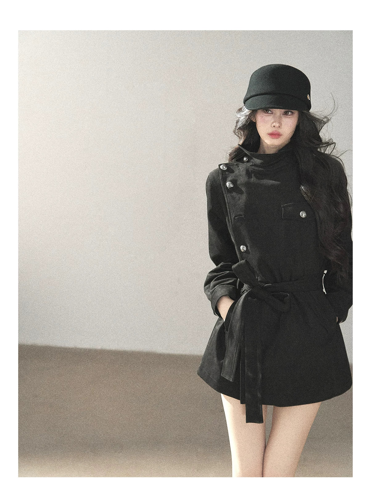 AOMALM - Black Faux-Suede Cropped A-Line Trench Coat with Belt