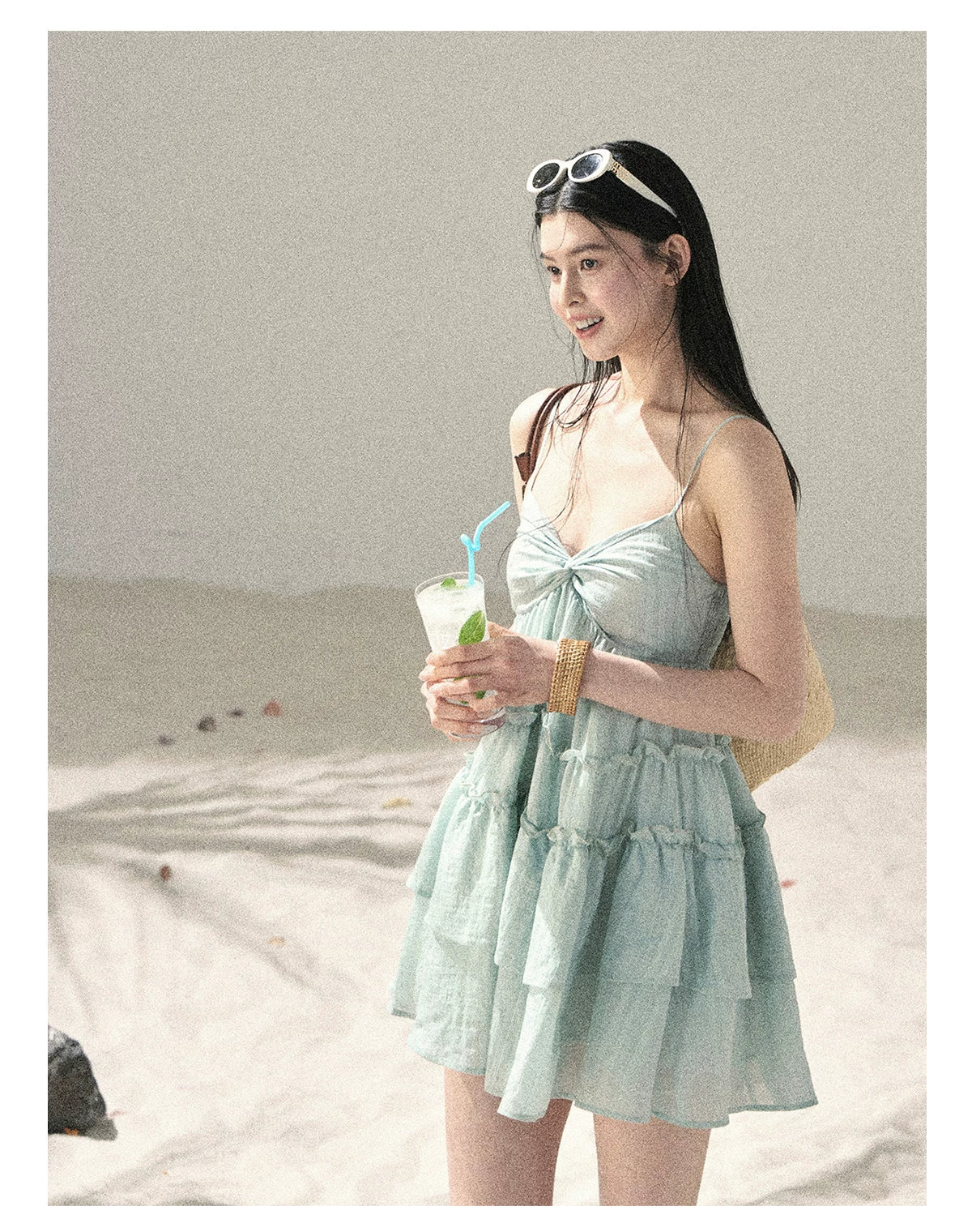 "Mossy Stone Steps" Primrose Green Tiered Cami Mini Dress
