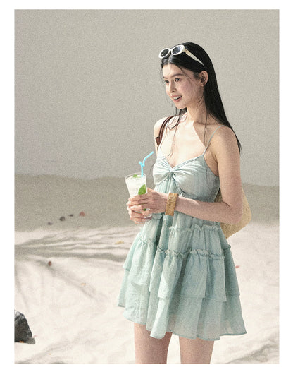 "Mossy Stone Steps" Primrose Green Tiered Cami Mini Dress
