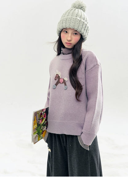 "Bunny Tea Party" Fleece-Lined Balloon Wide-Leg Pants (Hazelnut Brown/ Midnight Gray)