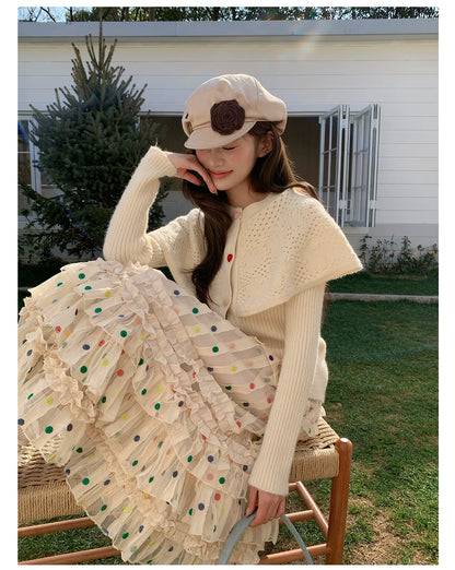 “Starlight Tulle Reverie” Apricot Polka Dot Mesh Skirt