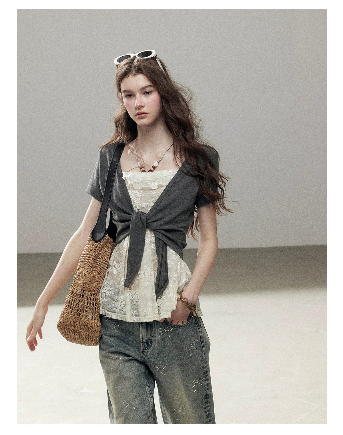 "Beyond the Morning Mist" Dutch Cream Lace Cami & Silver Mouse Gray Sheer Cardigan Set