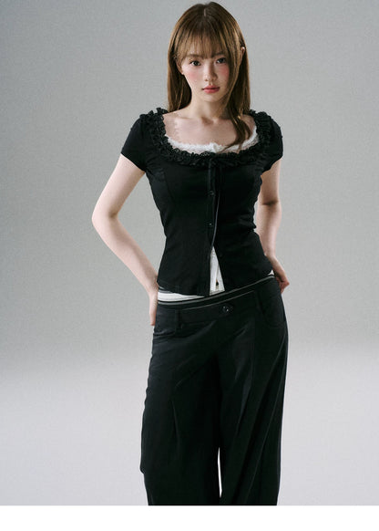 LOST FOREST - Faux-Layered Lace Short-Sleeve Top (Gray White / Black White)