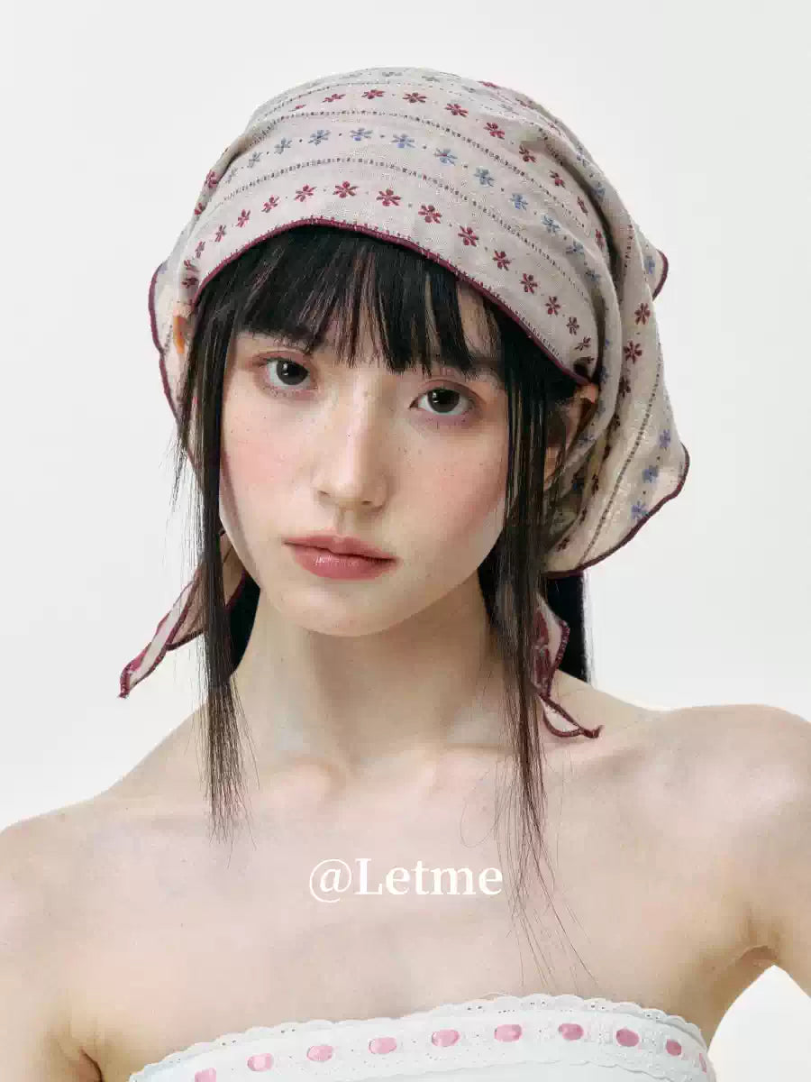 Beige Floral Print Triangle Headscarf – Vintage Neckerchief Bandana