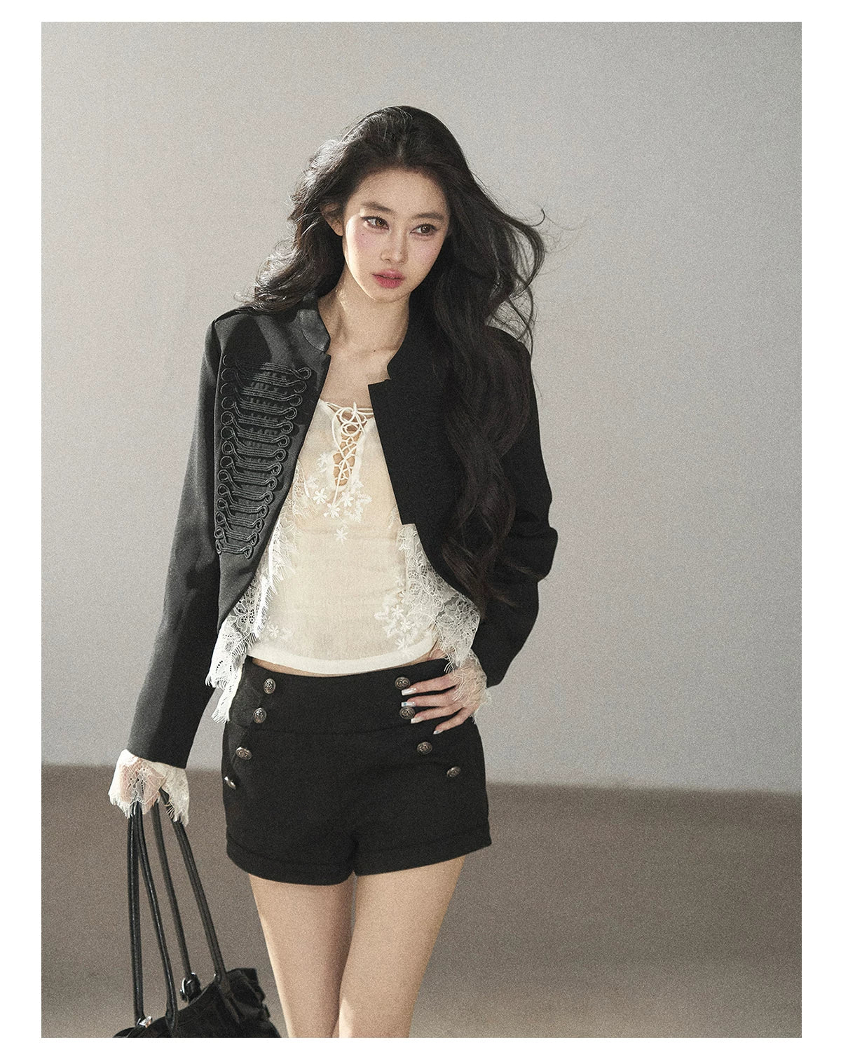 AOMALM - Black Lace Trim Cropped Jacket & Shorts Set