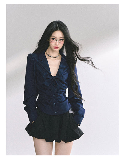 少也眼 "K-Drama White Moonlight" Soft Sophisticate Blouse - Navy Blue 486864