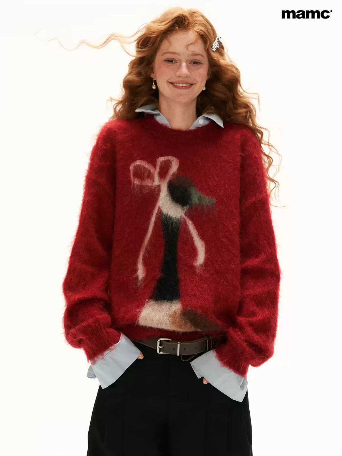 MAMC - Burgundy Bow Duck Jacquard Fuzzy Knit Sweater