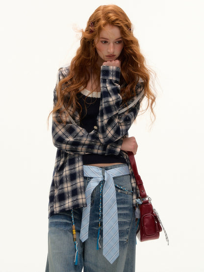 ASGONY - Retro Plaid Contrast Hoodie Shirt