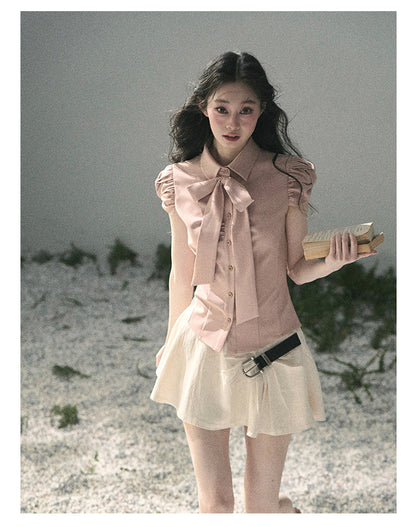 “Blush Confession” Ballet Pink Bow Puff Sleeve Blouse