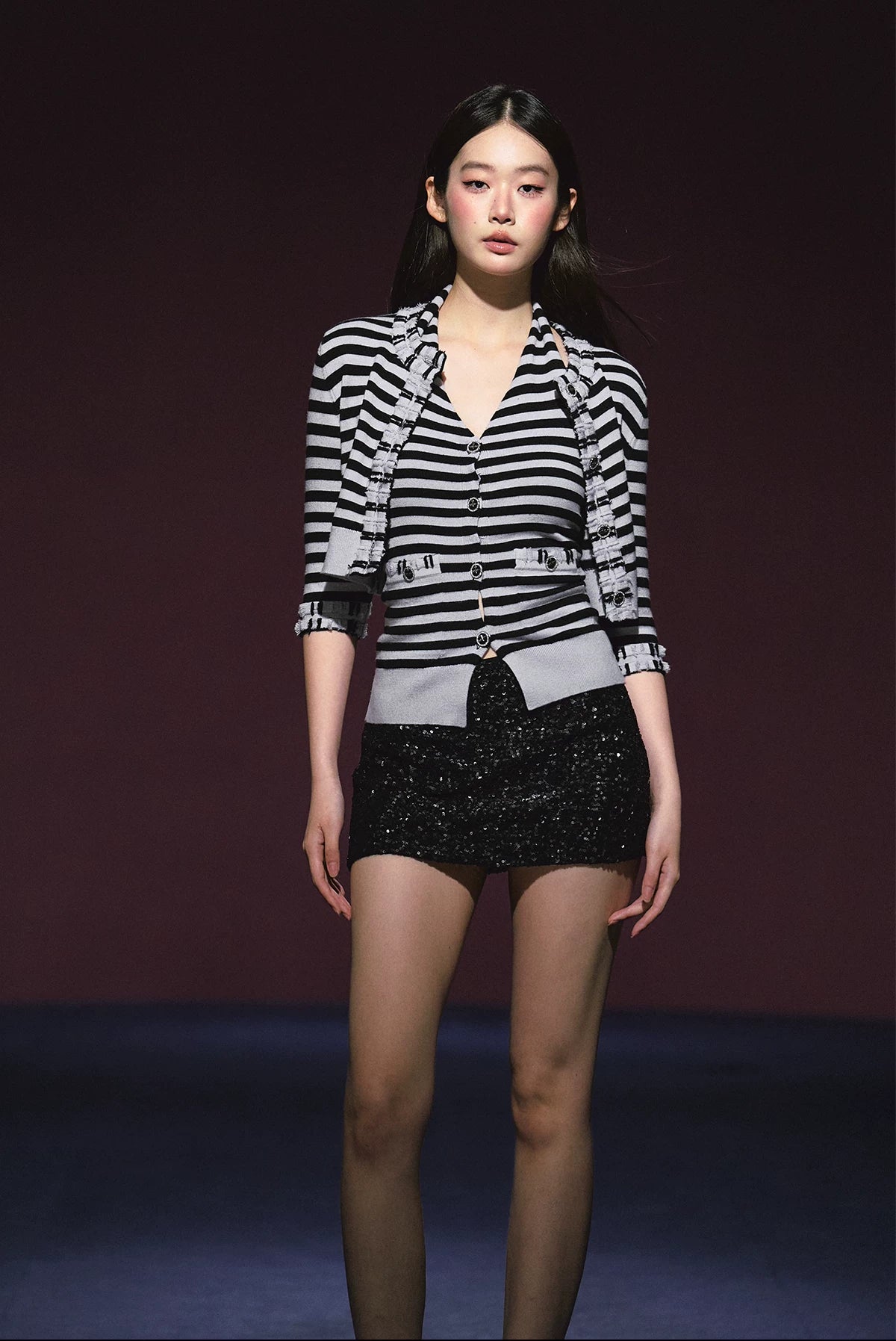 "City Contrast" Black & White Stripe Knit Cami & Cardigan Set