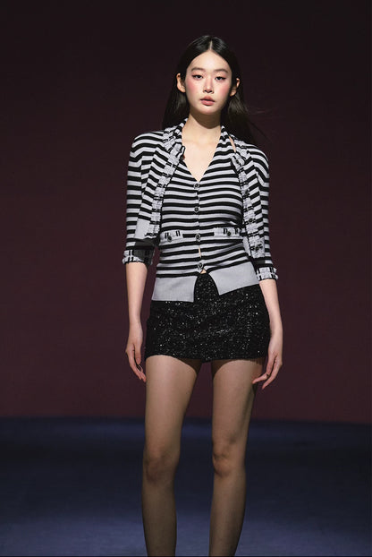 "City Contrast" Black & White Stripe Knit Cami & Cardigan Set