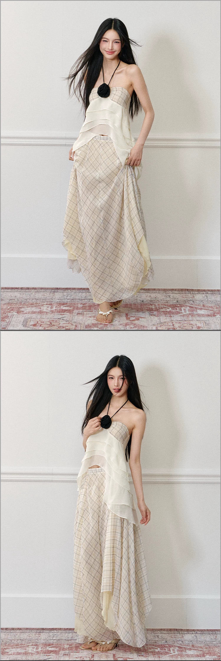 "Rose by the Sea" Rose Halter Top & Asymmetrical Plaid Maxi Skirt Set