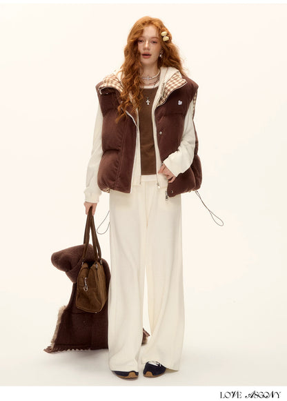 ASGONY - Reversible Plaid Lace-Trim Quilted Vest (Brown / Gray)