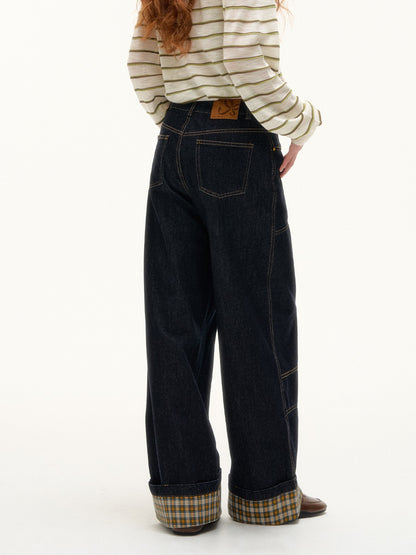 ASGONY - Plaid Cuff Contrast Wide-Leg Raw Denim Jeans (Yellow Plaid)