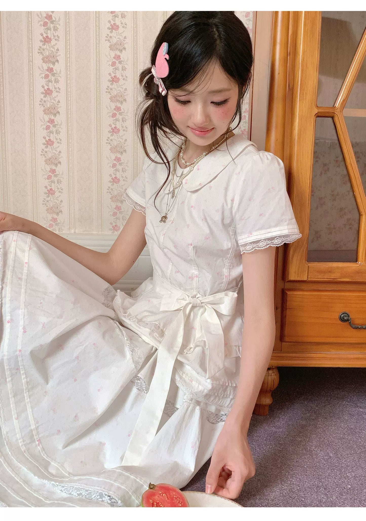 “Midsummer Blossom Letter” White Floral Cake Skirt Set