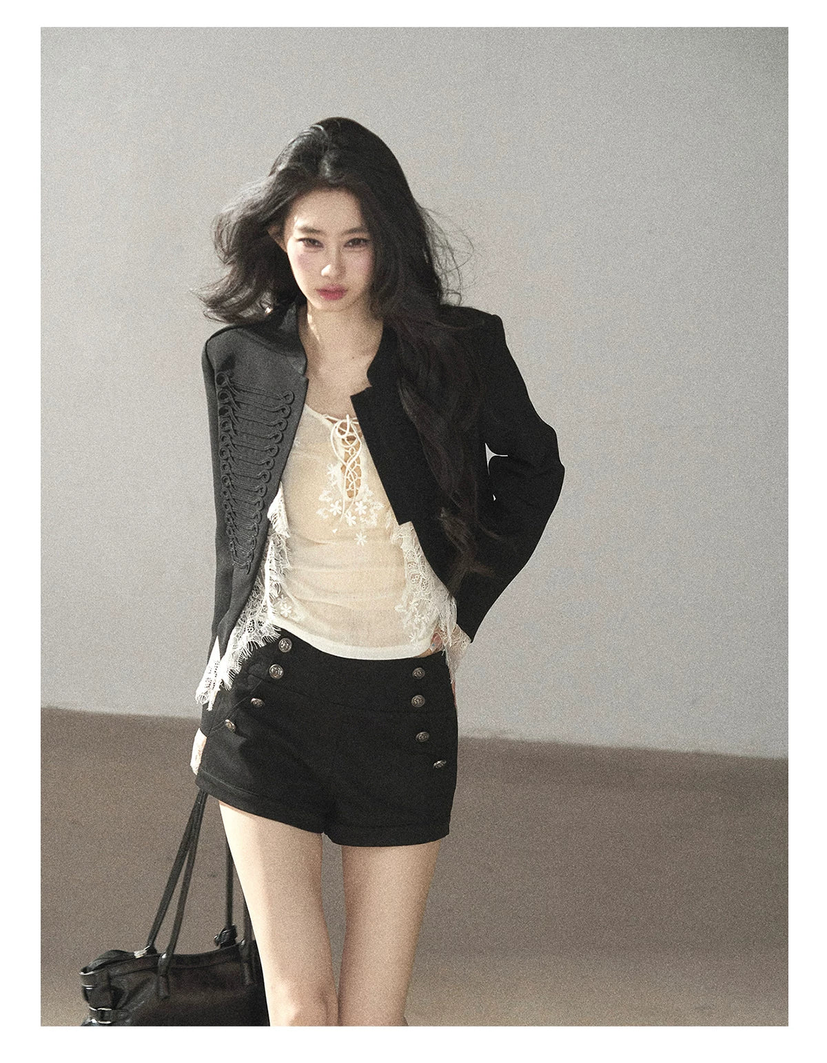 AOMALM - Black Lace Trim Cropped Jacket & Shorts Set