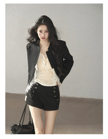 AOMALM - Black Lace Trim Cropped Jacket & Shorts Set