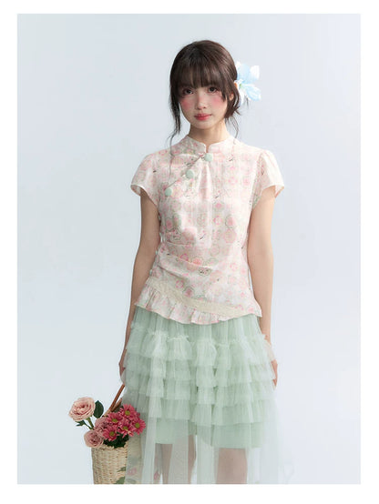 "Lime Mille-Feuille Glow" Peach Mist Chinese-Inspired Short Sleeve Top & Lime Green Tulle Tiered Skirt Set