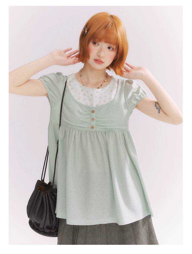 “Vintage Layered Charm” Mint Green Floral Layered Puff Sleeve T-Shirt