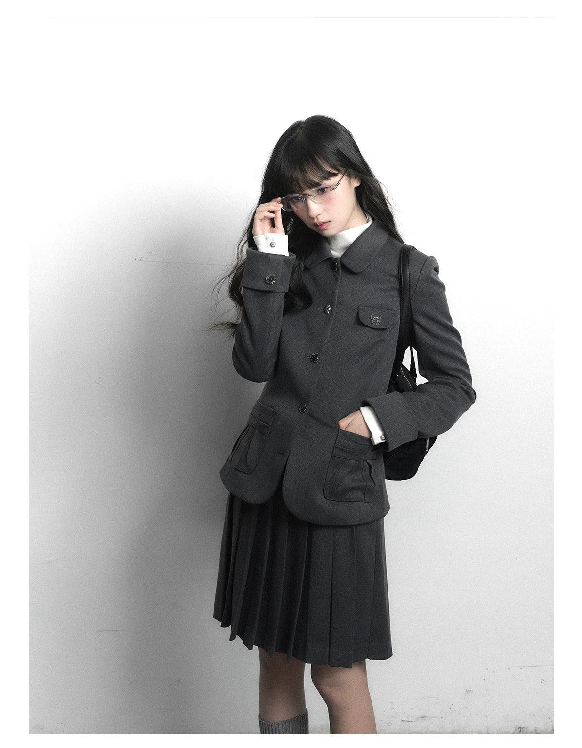 "Grey Finch" Gray Korean Preppy Suit Collection (Blazer / T-Shirt / Box Pleated Skirt)